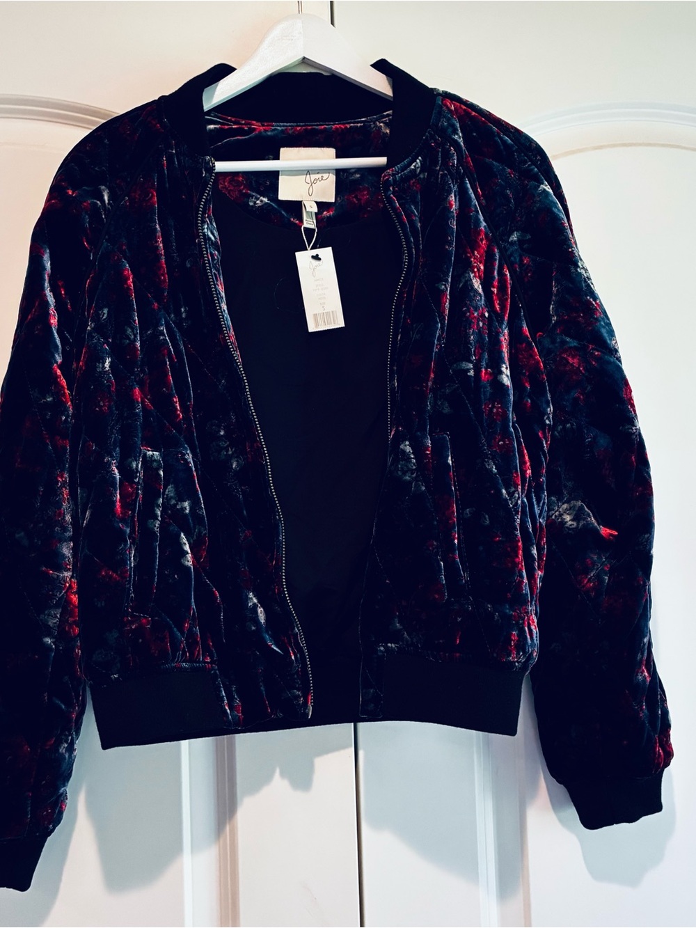 JOIE Velvet Floral Bomber Jacket Navy Red Multi Color Crushed Velvet Size Small